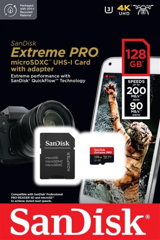 SanDisk 128 GB microSDXC UHS-I U3 Extreme Pro + SD Adapter SDSQXCD-128G-GN6MA