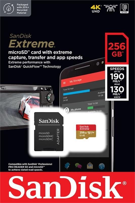 SanDisk 256 GB microSDXC UHS-I U3 V30 A2 Extreme (SDSQXAV-256G-GN6MA)